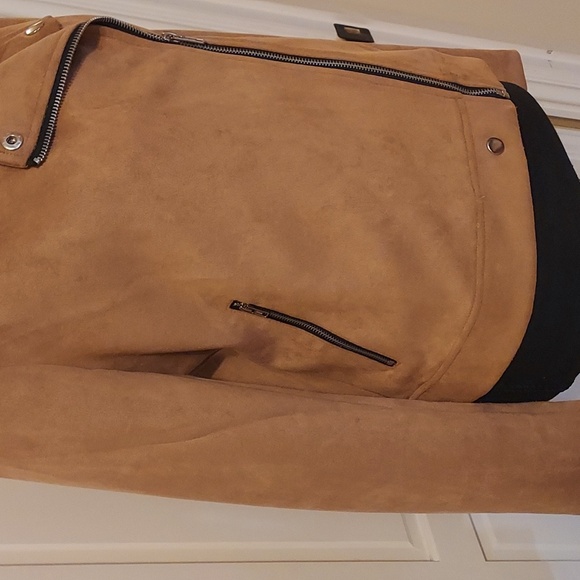 Tan Beige Faux Suede Moto Biker Jacket Size M - Picture 3 of 9